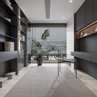 现代书房 无主灯书房 进门玄关柜 书柜组合 书桌组合 饰品摆件