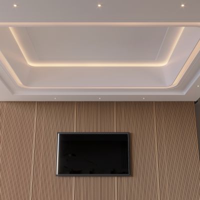 现代方形天花吊顶 格栅电视背景墙