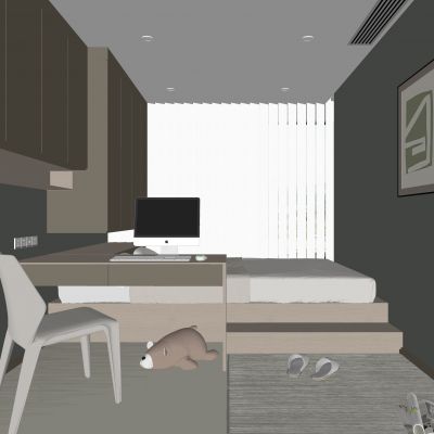 现代卧室 饰品 休闲椅 床头吊灯 无主灯造形吊顶 衣柜 书柜 书桌