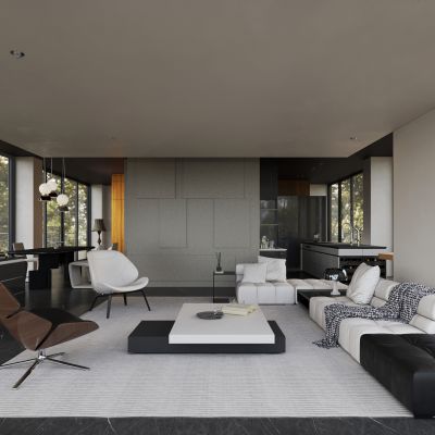 现代极简黑白别墅客餐厅 意式别墅客餐厅 大平层 