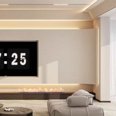 意式 奶油风 内嵌 弧形造型 别墅客厅 电视玄关一体墙