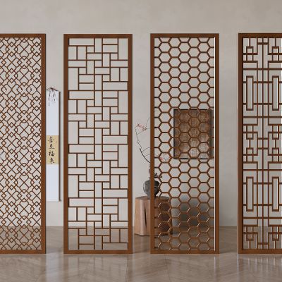 中式花格玄关隔断 实木镂空雕花屏风 新中式屏风