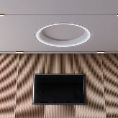 圆形发光灯膜吊顶 软膜天花吊顶线灯 木格栅电视背景墙