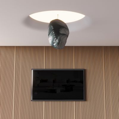 软膜天花吊顶 圆形发光灯膜吊顶 石头雕塑装置