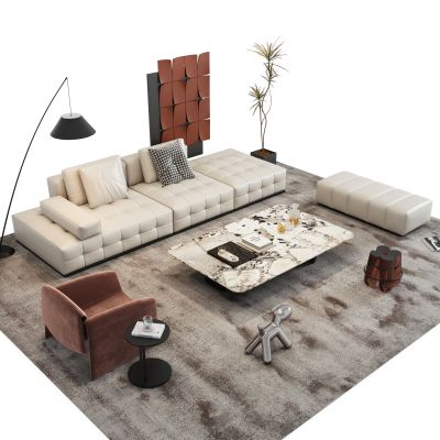 意式轻奢沙发茶几组合 白色皮质沙发 minotti沙发 客厅休闲椅 装饰画落地灯