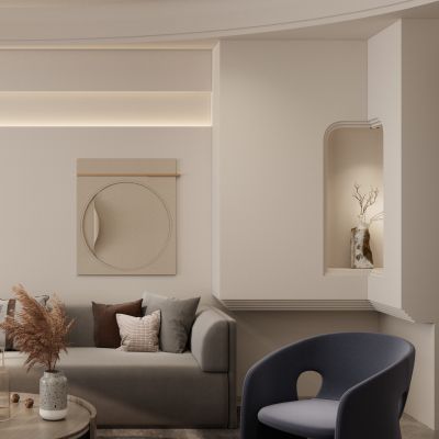奶油 极简风 斯卡帕叠级 壁龛 弧形顶 别墅客厅 沙发墙