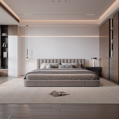 现代卧室 饰品 休闲椅 床头吊灯 无主灯造形吊顶 衣柜