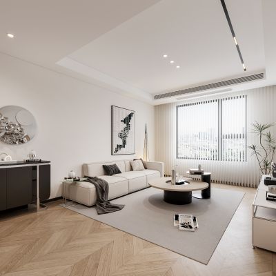 现代客厅 沙发组合 茶几 电视柜 绿植 边柜 挂画 