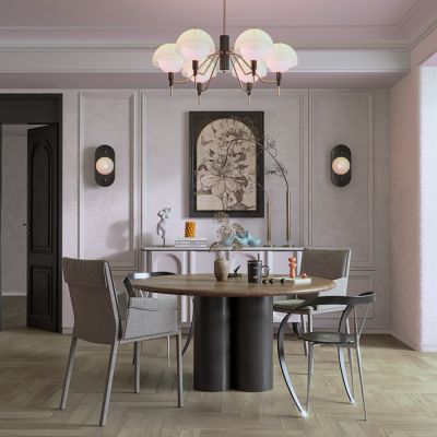 现代餐厅圆桌组合边柜吊灯