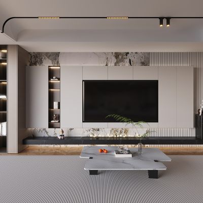 格栅电视背景墙 磁吸轨道灯地毯 置物架大理石茶几