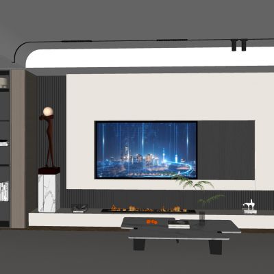 木饰面格栅电视背景墙 磁吸轨道灯地毯 置物柜大理石茶几