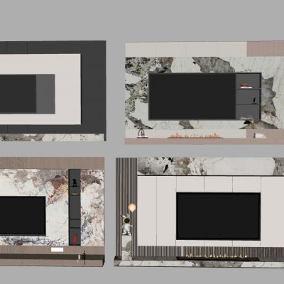 木饰面电视背景墙 大理石电视背景墙 格栅装饰公仔摆件