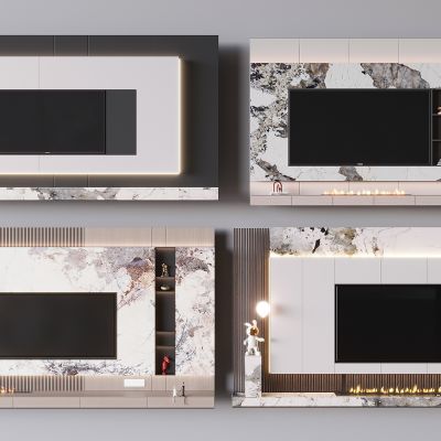 木饰面电视背景墙 大理石电视背景墙 格栅装饰公仔摆件