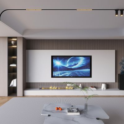 格栅电视背景墙 磁吸轨道灯地毯 电子火焰壁炉