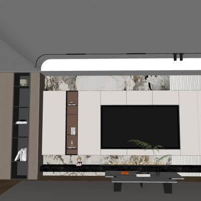 格栅电视背景墙 磁吸轨道灯地毯 置物架大理石茶几