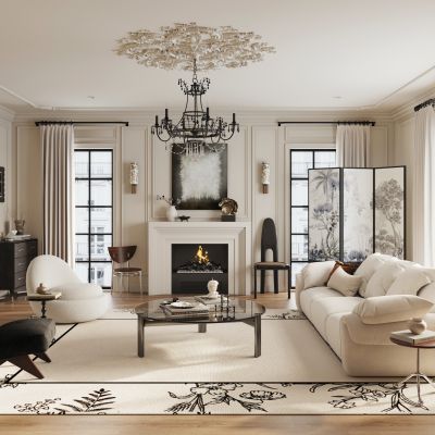 法式复古家居客厅 大平层客厅 横厅