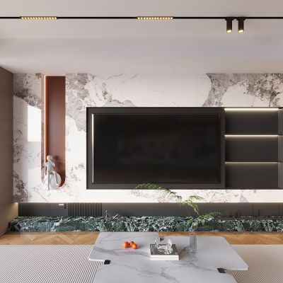 大理石电视背景墙 磁吸轨道灯地毯 置物柜大理石茶几