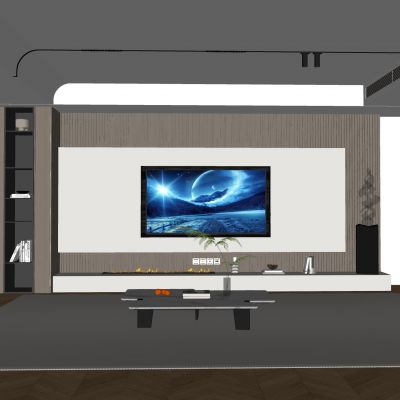 格栅电视背景墙 磁吸轨道灯地毯 电子火焰壁炉