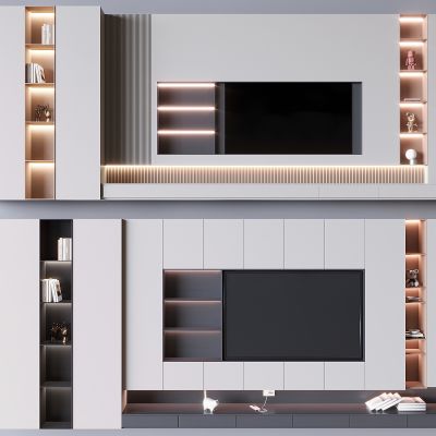 木饰面电视背景墙 格栅电视背景墙柜 置物柜饰品摆件