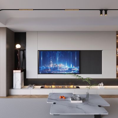 木饰面格栅电视背景墙 磁吸轨道灯地毯 置物柜大理石茶几