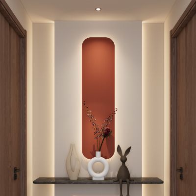 奶油 简约风 弧形灯带 爱马仕橙 雕塑 走廊端景 玄关