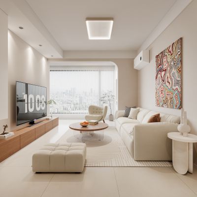 现代客厅 奶油风客厅 奶油风沙发组合 挂画 茶几