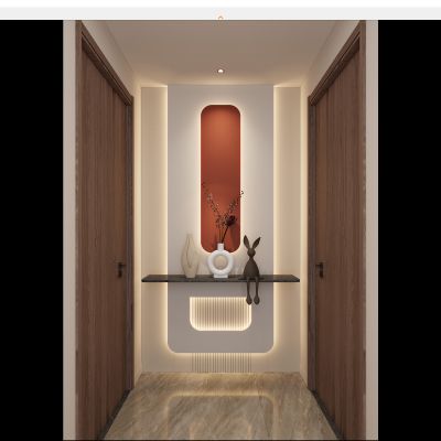 奶油 简约风 弧形灯带 爱马仕橙 雕塑 走廊端景 玄关