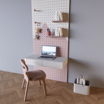 悬空实木书桌椅 奶油风洞洞板挂件 笔记本电脑收纳盒