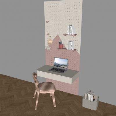 悬空实木书桌椅 奶油风洞洞板挂件 笔记本电脑收纳盒