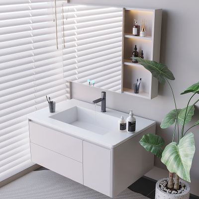 悬空实木浴室柜 感应卫浴镜收纳柜 洗手台水龙头香薰