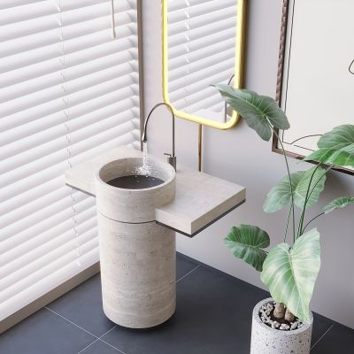 北欧立柱洗手盆 落地洗手池智能镜 台盆洗脸盆绿植