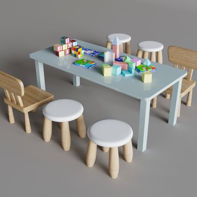 实木儿童桌椅 方桌圆凳靠背椅 玩具积木 