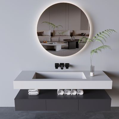 悬空浴室柜水龙头 卫浴柜大理石台盆 洗手台智能圆镜