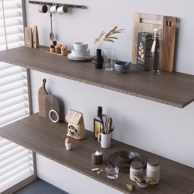 餐具碟盘碗具茶杯 调料瓶厨房用品 切菜板实木置物架