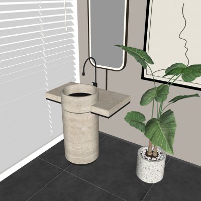 北欧立柱洗手盆 落地洗手池智能镜 台盆洗脸盆绿植