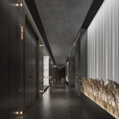 现代酒店餐饮走廊过道 芦苇 门牌3D模型