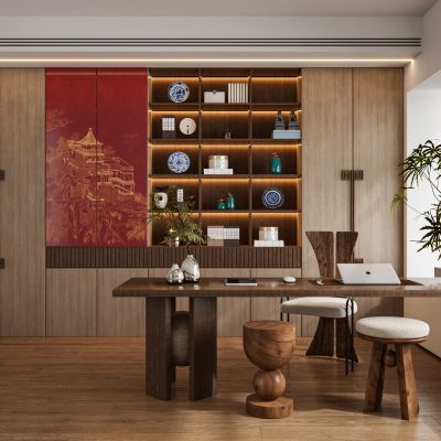 现代新中式侘寂宋氏美学书房书桌椅电脑桌