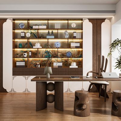 现代新中式侘寂宋氏美学书房书桌椅电脑桌