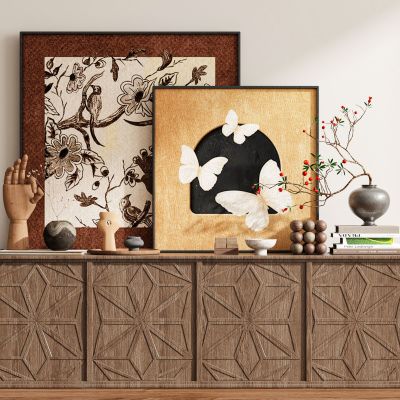 现代新中式侘寂中古风挂画斗柜边柜装饰画组合