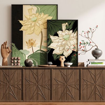 现代新中式侘寂中古风挂画斗柜边柜装饰画组合