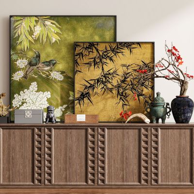 现代新中式侘寂中古风挂画斗柜边柜装饰画组合