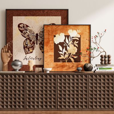 现代新中式侘寂中古风挂画斗柜边柜装饰画组合