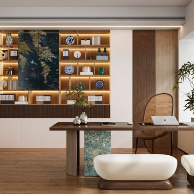 现代新中式侘寂宋氏美学书房书桌椅电脑桌