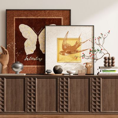 现代新中式侘寂中古风挂画斗柜边柜装饰画组合