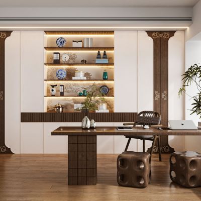 现代新中式侘寂宋氏美学书房书桌椅电脑桌