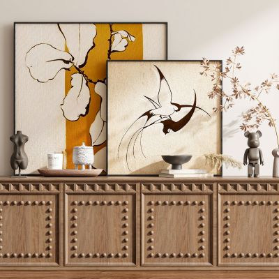 现代新中式侘寂中古风挂画斗柜边柜装饰画组合