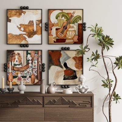 现代新中式侘寂中古风挂画装饰画组合