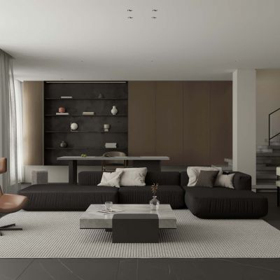 现代意式黑白客餐厅 复式客餐厅 横厅 客厅书房一体