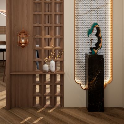 新中式 中古风 实木造型隔断 菱形玻璃 弧形 入户隔断 玄关