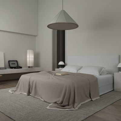 侘寂风卧室 床 床头柜 台灯 吊灯 单椅 休闲椅 地毯